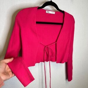 Zara Womens Hot Pink Ribbed Cropped Front Tie Cardigan Long Sleeve Medium